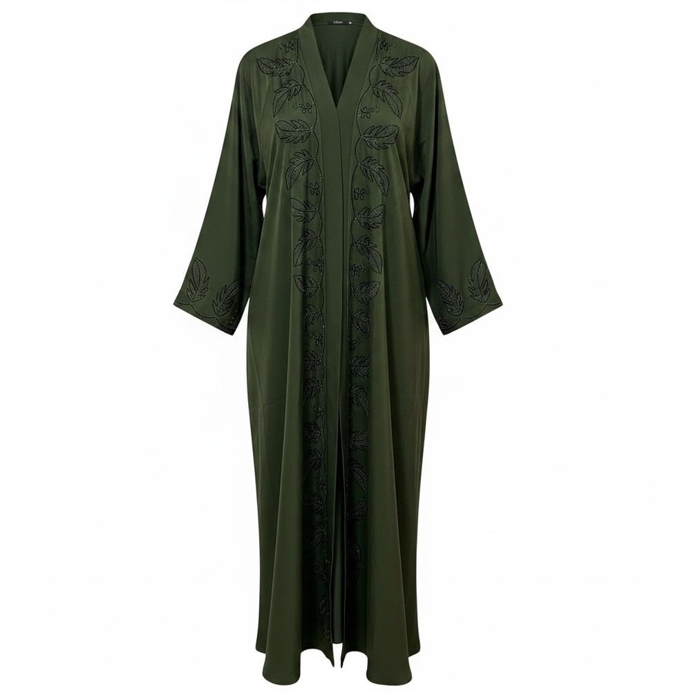 See Royalty Olive Green Beaded Leaf Open Abaya Set with Matching Hijab Size‎ 56